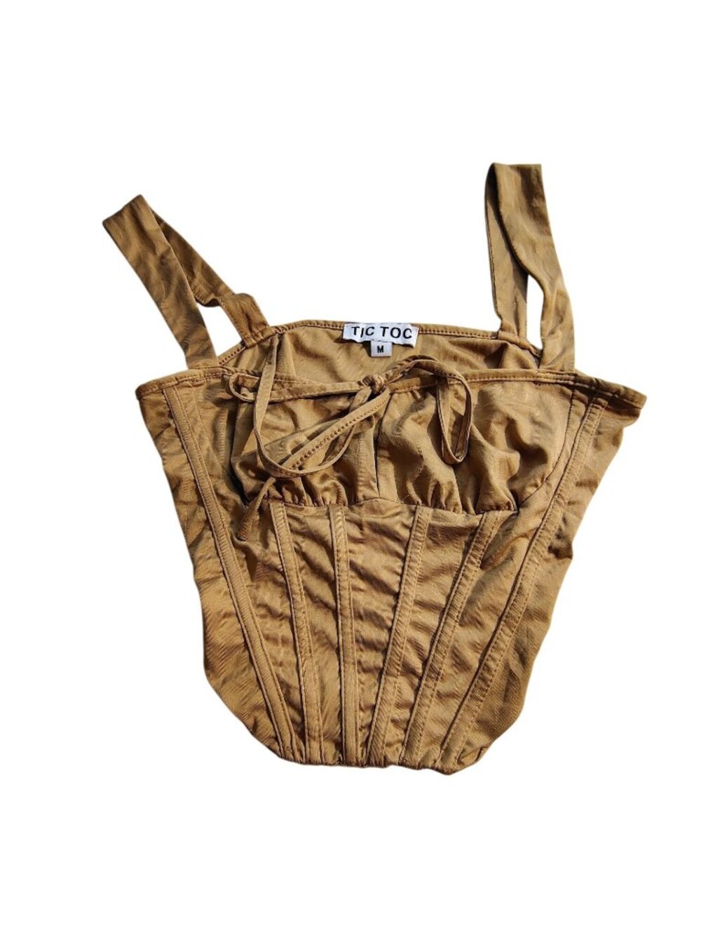 Tic Toc Womens Tan Sleeveless Cropped Top With Ruched Detail & Adjustable Tie M